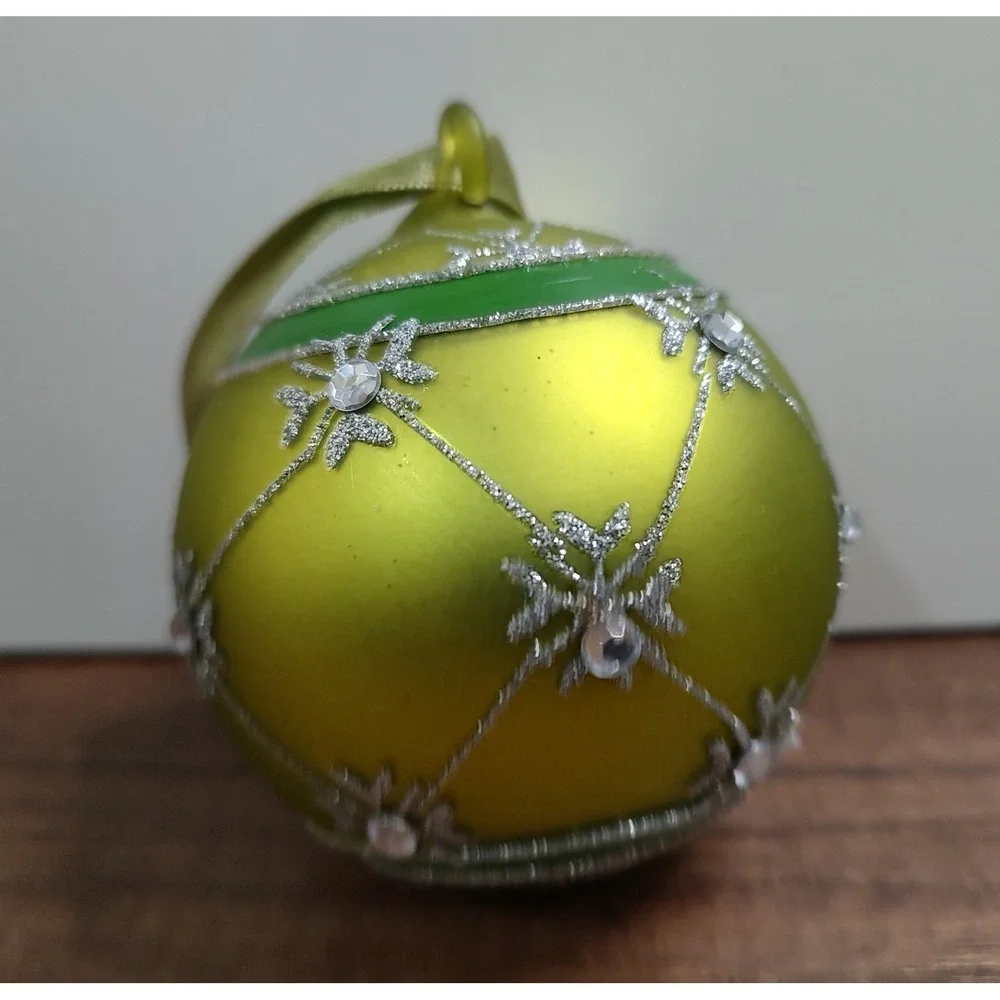 Vintage Green Mercury Glass Ball Christmas Ornament Glitter Rhinestone Design B8